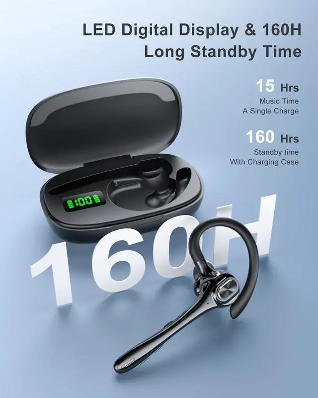 Alt view image 4 of 6 - Earbuds Wireless Earpiece Bluetooth Headset with Noise Canceling Mic 160H Standby Time Hands Free Earphones Single Ear Headphone for iphone Android Samsung Cell Phones PC TV Computer Game Trucker Work