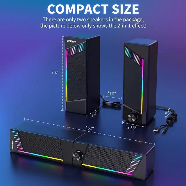 Alt view image 6 of 7 - Computer Speakers, PC SoundBar, Gaming Speakers for PC Computer Laptop Desktop, Subwoofer Wired, RGB Speakers, USB Powered 3.5mm Aux