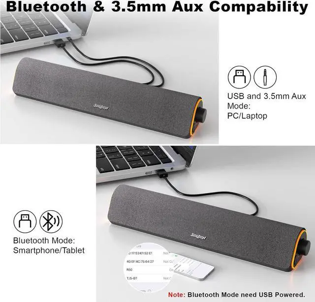Alt view image 5 of 7 - R50 Bluetooth Computer Speakers, 3.5mm PC Sound Bar for Desktop Monitor, Wired USB Powered & Colorful LED Lights with Switch Button, Surround Sound Soundbar PC Spearkers for Computer