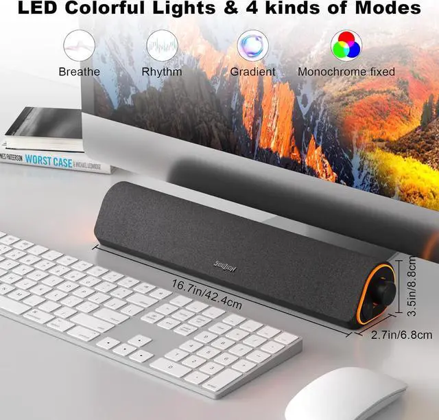 Alt view image 6 of 7 - R50 Bluetooth Computer Speakers, 3.5mm PC Sound Bar for Desktop Monitor, Wired USB Powered & Colorful LED Lights with Switch Button, Surround Sound Soundbar PC Spearkers for Computer