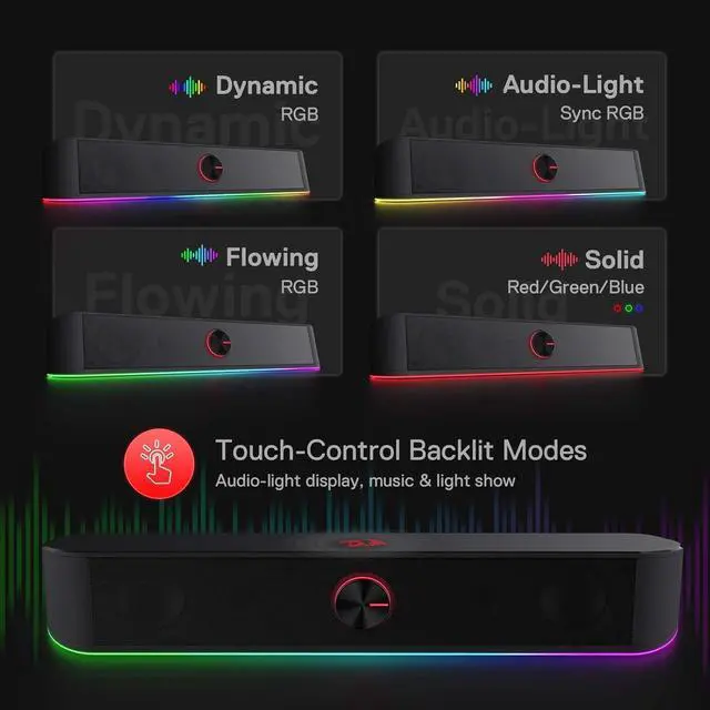 Alt view image 3 of 7 - GS560 RGB Desktop Soundbar, 2.0 Channel Computer Speaker with Dynamic Lighting Bar Audio-Light Sync/Display, Touch-Control Backlit with Volume Knob, USB Powered w/ 3.5mm Cable, Black