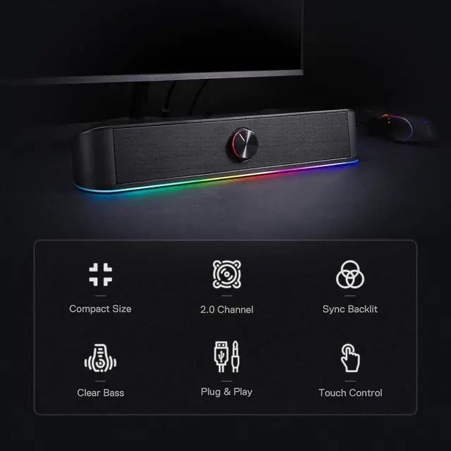 Alt view image 4 of 7 - GS560 RGB Desktop Soundbar, 2.0 Channel Computer Speaker with Dynamic Lighting Bar Audio-Light Sync/Display, Touch-Control Backlit with Volume Knob, USB Powered w/ 3.5mm Cable, Black