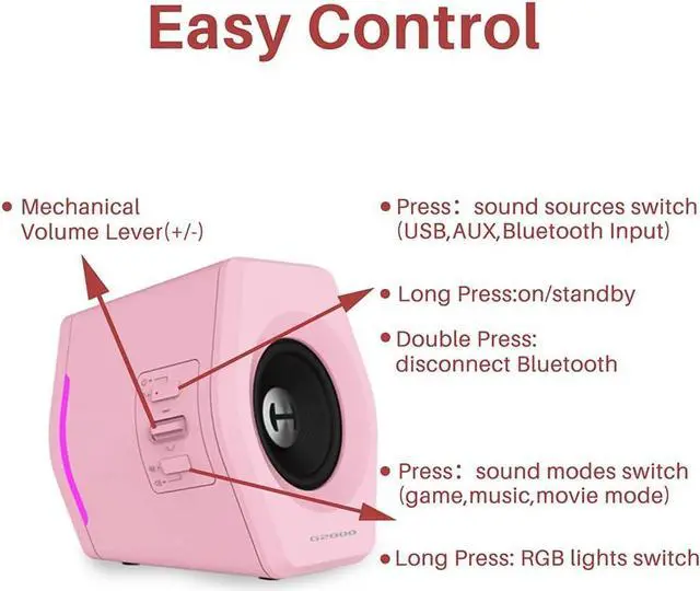 Alt view image 2 of 7 - G2000 32W PC Computer Speakers for Gaming Desktop PC Laptop Mac Computer Woofer Speakers Bluetooth USB 3.5mm AUX Inputs RGB Lights Multimedia Speakers Pink