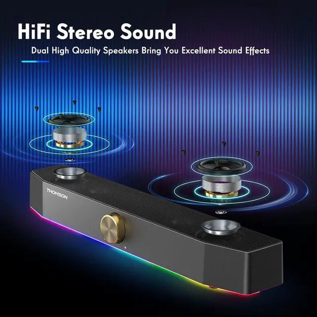 Alt view image 7 of 7 - Computer Speakers, Bluetooth Computer SoundBar, Dynamic RGB PC Speakers with 10W Stereo Sound, 3.5mm Aux-in Connection, USB Powered Computer Speakers for PC, Desktop Monitor, Laptop, Tablets