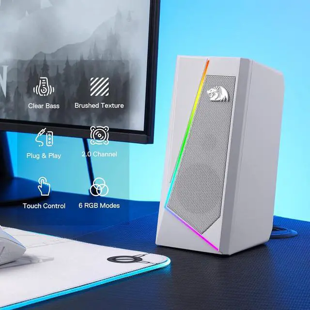 Alt view image 2 of 7 - GS520 RGB Desktop Speakers, 2.0 Channel PC Computer Stereo Speaker with 6 Colorful LED Modes, Enhanced Sound and Easy-Access Volume Control, USB Powered w/ 3.5mm Cable, White