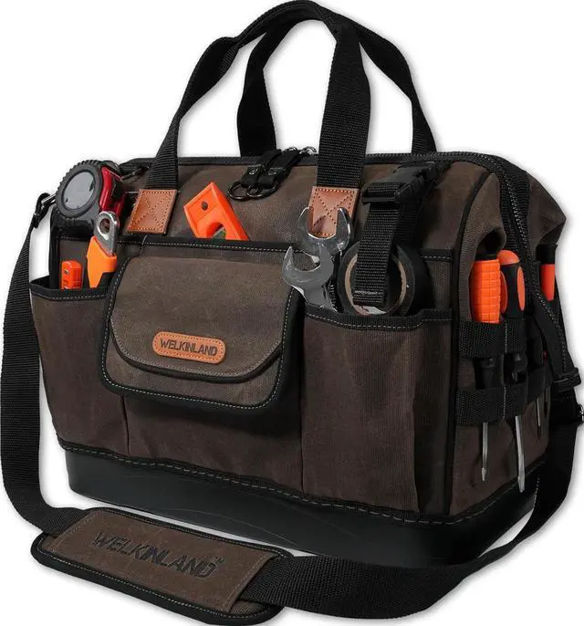 Main image of 45-Pockets Waxed Canvas Tool Bag, 16-Inch Heavy-Duty electrician tool bag, Hard-Bottom tool bag, Large-Open technician tool bag, HVAC tools bag, Electrical tool bag, Maintenance tool bag