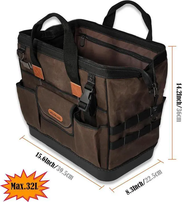 Alt view image 6 of 7 - 45-Pockets Waxed Canvas Tool Bag, 16-Inch Heavy-Duty electrician tool bag, Hard-Bottom tool bag, Large-Open technician tool bag, HVAC tools bag, Electrical tool bag, Maintenance tool bag
