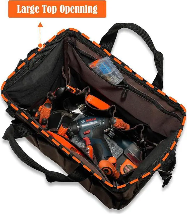 Alt view image 5 of 7 - 45-Pockets Waxed Canvas Tool Bag, 16-Inch Heavy-Duty electrician tool bag, Hard-Bottom tool bag, Large-Open technician tool bag, HVAC tools bag, Electrical tool bag, Maintenance tool bag