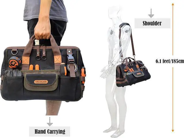 Alt view image 4 of 7 - 32-Pockets Waxed Canvas tool bag, Heavy-Duty Electrician tool bag, HVAC tool bag, Tool bag organizer, 16" Tools bag carrier, Tool bags for electricians, Tool bags for men