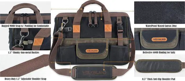 Alt view image 6 of 7 - 32-Pockets Waxed Canvas tool bag, Heavy-Duty Electrician tool bag, HVAC tool bag, Tool bag organizer, 16" Tools bag carrier, Tool bags for electricians, Tool bags for men