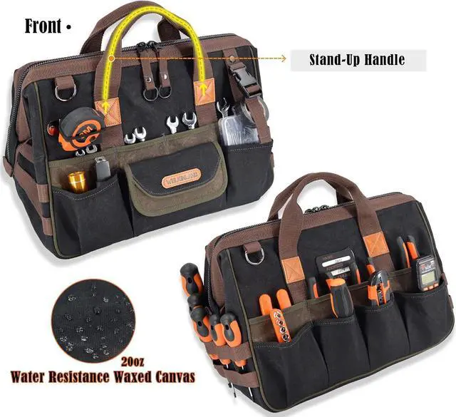 Alt view image 2 of 7 - 32-Pockets Waxed Canvas tool bag, Heavy-Duty Electrician tool bag, HVAC tool bag, Tool bag organizer, 16" Tools bag carrier, Tool bags for electricians, Tool bags for men