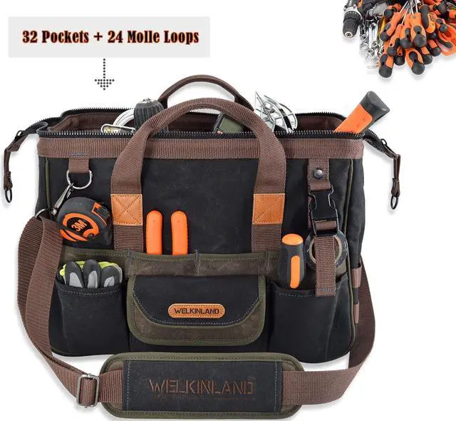 Main image of 32-Pockets Waxed Canvas tool bag, Heavy-Duty Electrician tool bag, HVAC tool bag, Tool bag organizer, 16" Tools bag carrier, Tool bags for electricians, Tool bags for men
