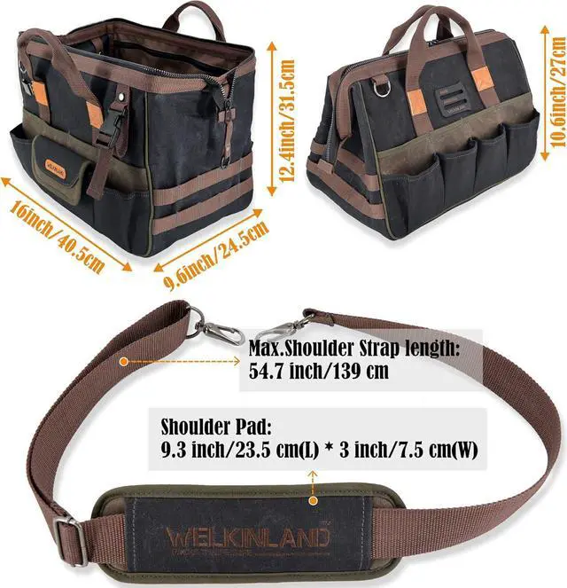 Alt view image 5 of 7 - 32-Pockets Waxed Canvas tool bag, Heavy-Duty Electrician tool bag, HVAC tool bag, Tool bag organizer, 16" Tools bag carrier, Tool bags for electricians, Tool bags for men