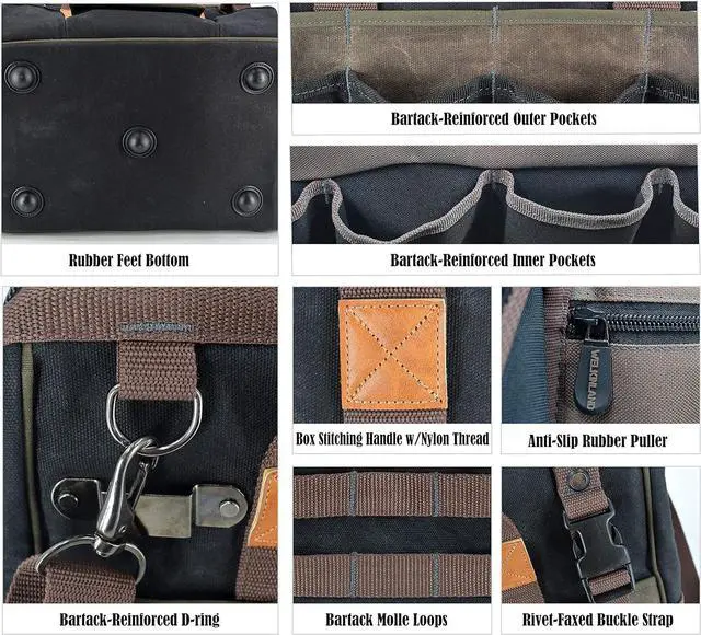 Alt view image 7 of 7 - 32-Pockets Waxed Canvas tool bag, Heavy-Duty Electrician tool bag, HVAC tool bag, Tool bag organizer, 16" Tools bag carrier, Tool bags for electricians, Tool bags for men