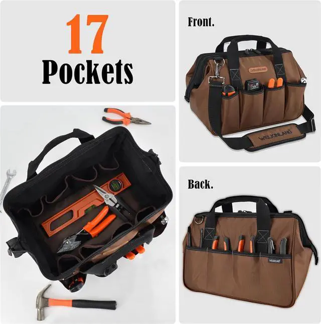 Alt view image 2 of 7 - 17-Pockets Tool Bag, 14" Portable tool bag, Brown tool bags for men, Mechanics tool bag, Tool bag electrician, Construction tool bag, Tool bag with shoulder strap, Tool bags heavy duty