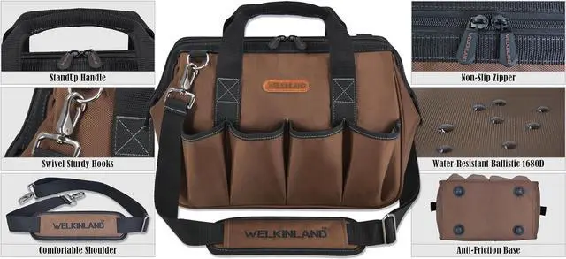 Alt view image 6 of 7 - 17-Pockets Tool Bag, 14" Portable tool bag, Brown tool bags for men, Mechanics tool bag, Tool bag electrician, Construction tool bag, Tool bag with shoulder strap, Tool bags heavy duty