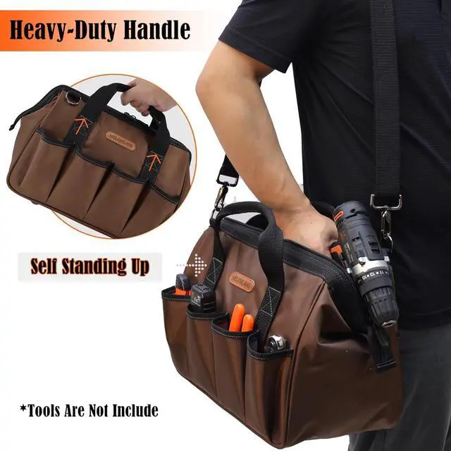 Alt view image 3 of 7 - 17-Pockets Tool Bag, 14" Portable tool bag, Brown tool bags for men, Mechanics tool bag, Tool bag electrician, Construction tool bag, Tool bag with shoulder strap, Tool bags heavy duty