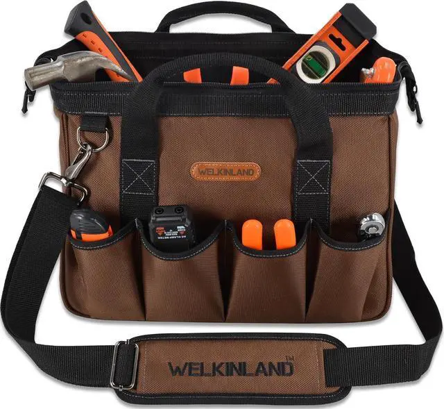 Main image of 17-Pockets Tool Bag, 14" Portable tool bag, Brown tool bags for men, Mechanics tool bag, Tool bag electrician, Construction tool bag, Tool bag with shoulder strap, Tool bags heavy duty