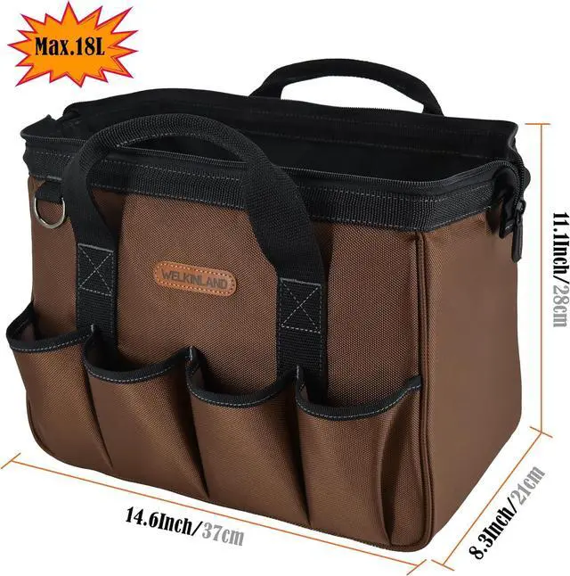 Alt view image 5 of 7 - 17-Pockets Tool Bag, 14" Portable tool bag, Brown tool bags for men, Mechanics tool bag, Tool bag electrician, Construction tool bag, Tool bag with shoulder strap, Tool bags heavy duty