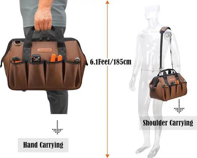 Alt view image 7 of 7 - 17-Pockets Tool Bag, 14" Portable tool bag, Brown tool bags for men, Mechanics tool bag, Tool bag electrician, Construction tool bag, Tool bag with shoulder strap, Tool bags heavy duty