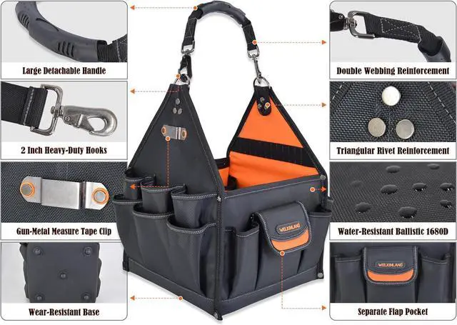 Alt view image 7 of 7 - 40-Pockets Tool tote, 25L Tote tool bag, Tech tool bag, Electrical tool bag, Open top tool bag, Electrician tool bag, Tool tote with handle, Maintenance tool bag, Tool bags for electricians