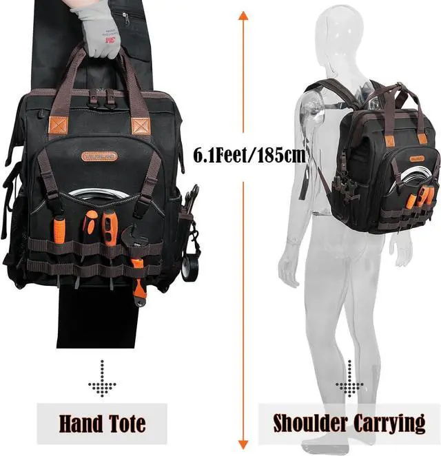 Alt view image 6 of 6 - 88-Pockets Waxed- Canvas Tool Backpack,Heavy-Duty electrician tool backpack,Open-Top tool bag backpack,Technician tool backpack,HAVC tool backpack,Tool backpack for construction