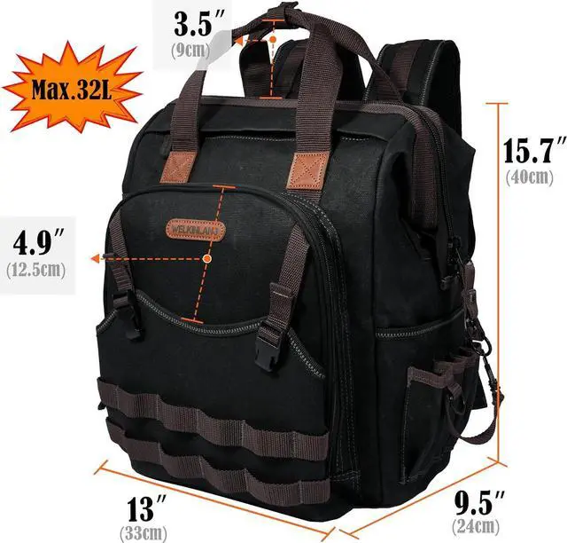 Alt view image 5 of 6 - 88-Pockets Waxed- Canvas Tool Backpack,Heavy-Duty electrician tool backpack,Open-Top tool bag backpack,Technician tool backpack,HAVC tool backpack,Tool backpack for construction