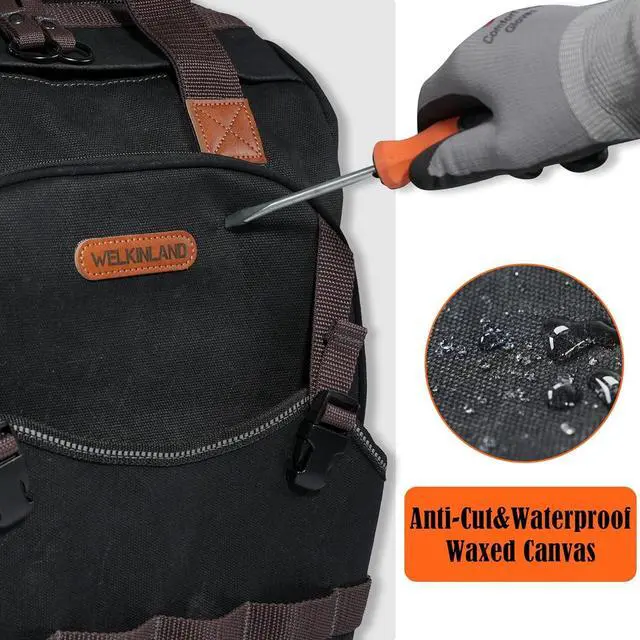 Alt view image 3 of 6 - 88-Pockets Waxed- Canvas Tool Backpack,Heavy-Duty electrician tool backpack,Open-Top tool bag backpack,Technician tool backpack,HAVC tool backpack,Tool backpack for construction