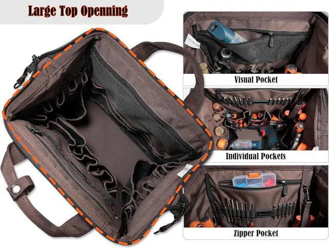 Alt view image 2 of 6 - 88-Pockets Waxed- Canvas Tool Backpack,Heavy-Duty electrician tool backpack,Open-Top tool bag backpack,Technician tool backpack,HAVC tool backpack,Tool backpack for construction