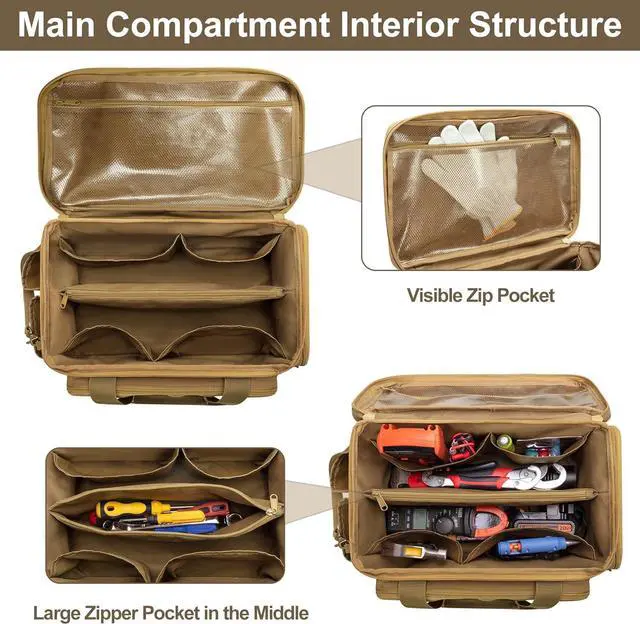 Alt view image 3 of 7 - 14-Inch Tool Bag with Anti-friction Bottom, Hand Tool Storage Organizer Bag for Men, Tactical Bag, Electrician Tool Bag, Multi-purpose Work Tote Bag for Repairman, Carpenters, Handyman, Khaki