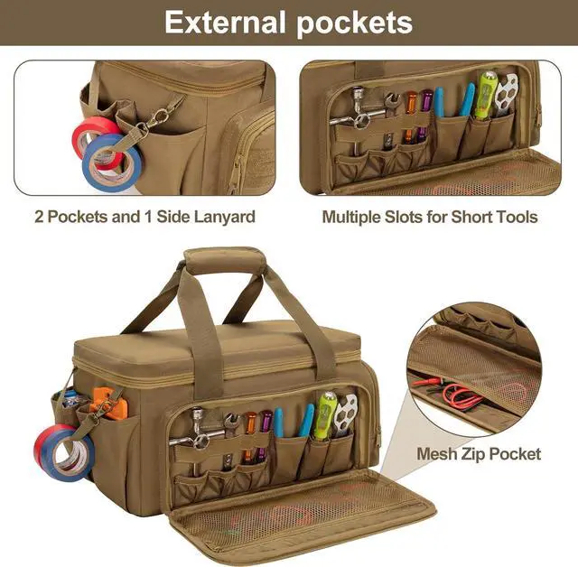 Alt view image 4 of 7 - 14-Inch Tool Bag with Anti-friction Bottom, Hand Tool Storage Organizer Bag for Men, Tactical Bag, Electrician Tool Bag, Multi-purpose Work Tote Bag for Repairman, Carpenters, Handyman, Khaki