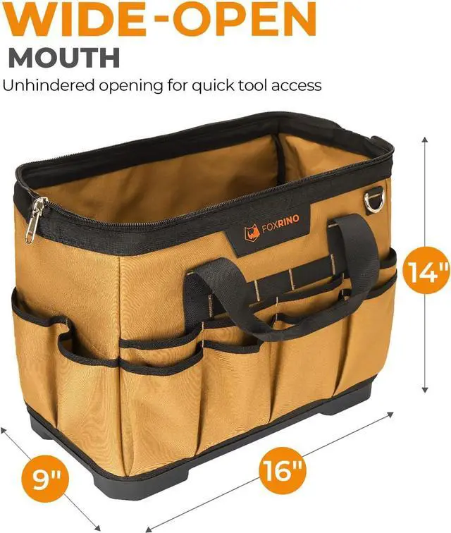 Alt view image 2 of 7 - 16 Inch Wide-Mouth Tool Bag, Heavy Duty Toolbag Organizer, Large Tool Tote Bags for Men & Women with Waterproof Molded Base and Adjustable Shoulder Strap