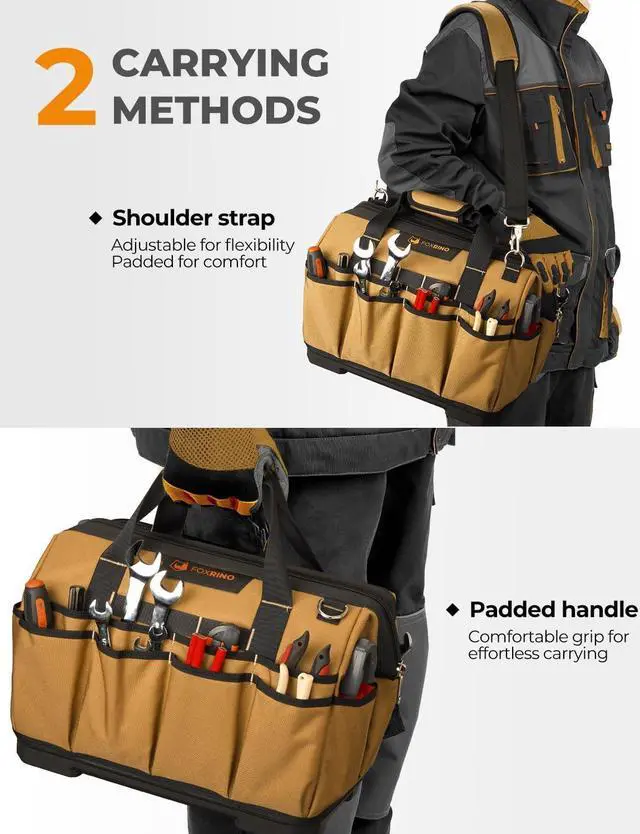 Alt view image 7 of 7 - 16 Inch Wide-Mouth Tool Bag, Heavy Duty Toolbag Organizer, Large Tool Tote Bags for Men & Women with Waterproof Molded Base and Adjustable Shoulder Strap
