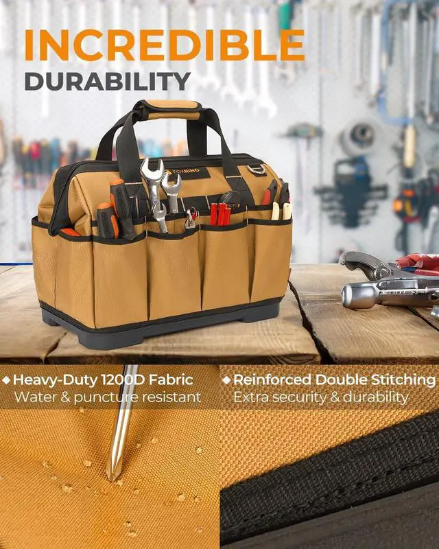 Alt view image 5 of 7 - 16 Inch Wide-Mouth Tool Bag, Heavy Duty Toolbag Organizer, Large Tool Tote Bags for Men & Women with Waterproof Molded Base and Adjustable Shoulder Strap
