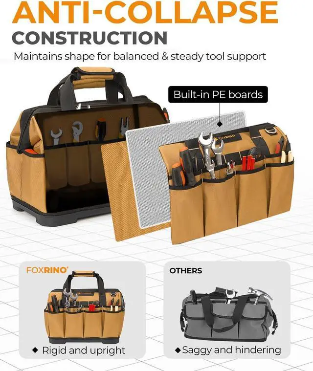 Alt view image 4 of 7 - 16 Inch Wide-Mouth Tool Bag, Heavy Duty Toolbag Organizer, Large Tool Tote Bags for Men & Women with Waterproof Molded Base and Adjustable Shoulder Strap