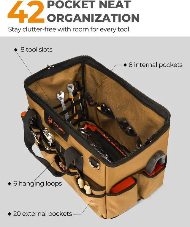 Alt view image 3 of 7 - 16 Inch Wide-Mouth Tool Bag, Heavy Duty Toolbag Organizer, Large Tool Tote Bags for Men & Women with Waterproof Molded Base and Adjustable Shoulder Strap