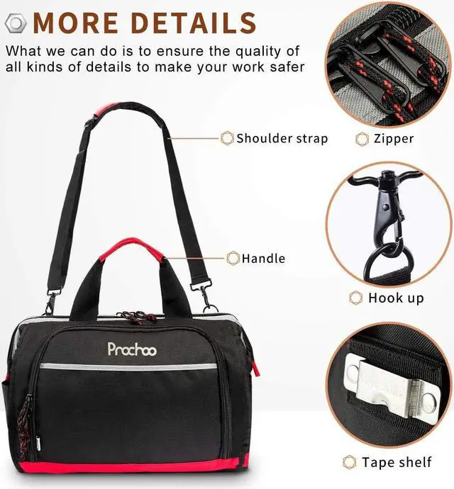 Alt view image 5 of 7 - Waterproof Tool Bags for Men or Women, 16-inch Wide Mouth Tool Tote Bag with 25 Pockets for Tool Organizer & Storage, with Adjustable Shoulder Strap (16IN, Black/Red)