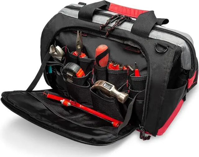 Alt view image 2 of 7 - Waterproof Tool Bags for Men or Women, 16-inch Wide Mouth Tool Tote Bag with 25 Pockets for Tool Organizer & Storage, with Adjustable Shoulder Strap (16IN, Black/Red)