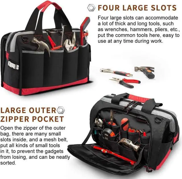 Alt view image 3 of 7 - Waterproof Tool Bags for Men or Women, 16-inch Wide Mouth Tool Tote Bag with 25 Pockets for Tool Organizer & Storage, with Adjustable Shoulder Strap (16IN, Black/Red)