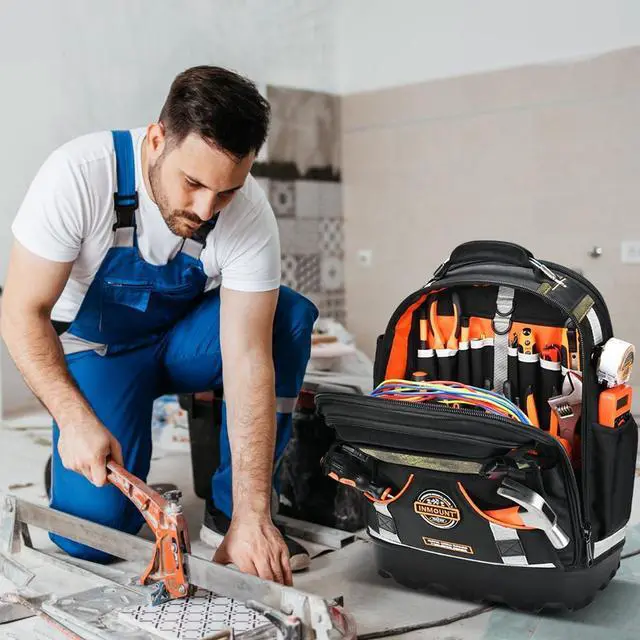 Alt view image 6 of 7 - Tool Backpack Bag, Electrician Tool Bag 78-Pockets & Loops Tools Bag HVAC Tool Bags for Men, Heavy Duty Storage Construction tools Backpack With Molded Reinforcement Base and Combination Lock