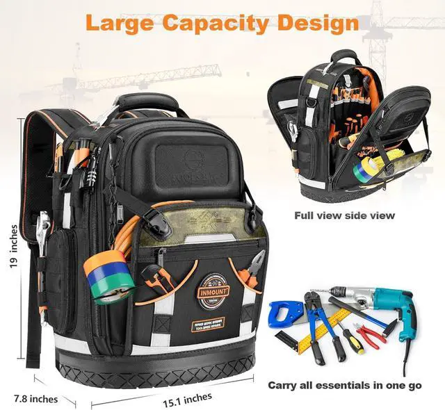 Alt view image 3 of 7 - Tool Backpack Bag, Electrician Tool Bag 78-Pockets & Loops Tools Bag HVAC Tool Bags for Men, Heavy Duty Storage Construction tools Backpack With Molded Reinforcement Base and Combination Lock