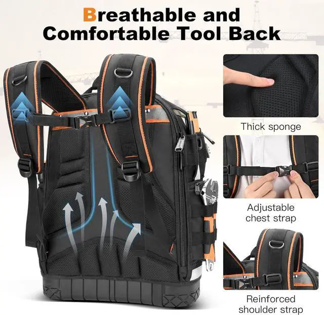 Alt view image 5 of 7 - Tool Backpack Bag, Electrician Tool Bag 78-Pockets & Loops Tools Bag HVAC Tool Bags for Men, Heavy Duty Storage Construction tools Backpack With Molded Reinforcement Base and Combination Lock