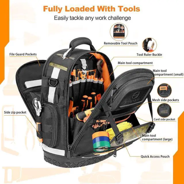 Alt view image 4 of 7 - Tool Backpack Bag, Electrician Tool Bag 78-Pockets & Loops Tools Bag HVAC Tool Bags for Men, Heavy Duty Storage Construction tools Backpack With Molded Reinforcement Base and Combination Lock