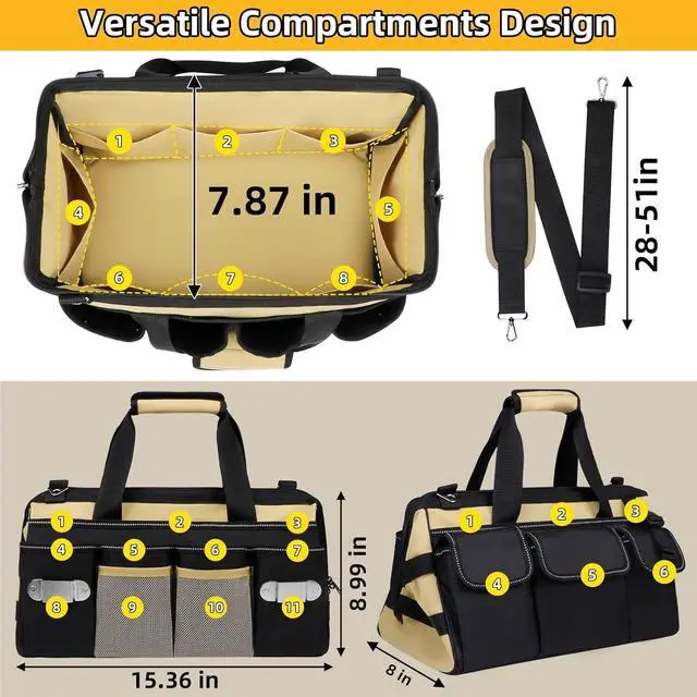 Alt view image 2 of 7 - 15 Inch Heavy Duty Tool Tote Bag with 24 Pockets, Wide Open Mouth Tool Box Organizer Case with Shoulder Strap, Portable Electrician Tool Kit Storage Carrying Pouch with Lockable Zipper (Khaki)