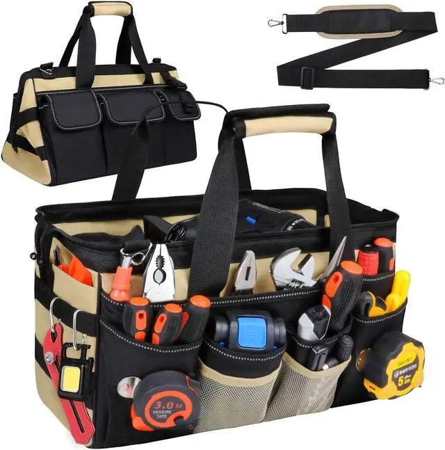Main image of 15 Inch Heavy Duty Tool Tote Bag with 24 Pockets, Wide Open Mouth Tool Box Organizer Case with Shoulder Strap, Portable Electrician Tool Kit Storage Carrying Pouch with Lockable Zipper (Khaki)