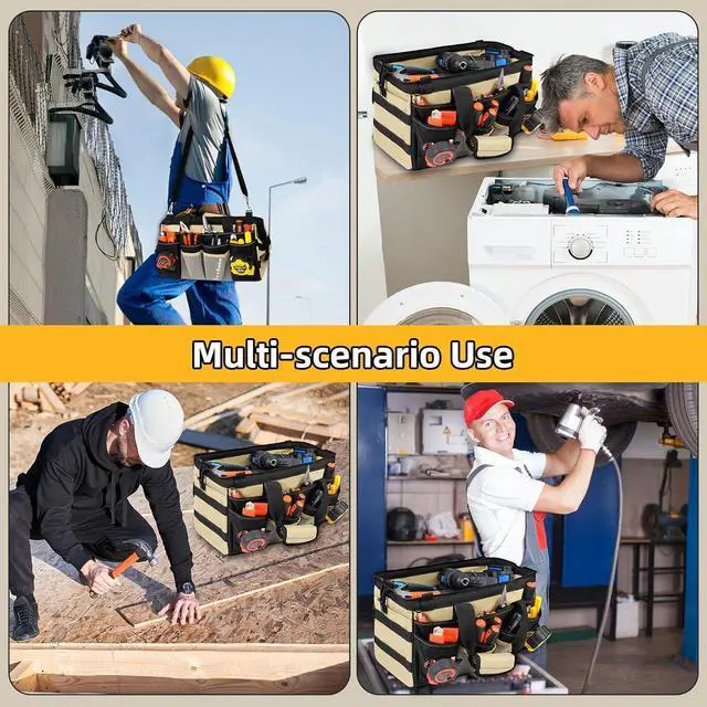 Alt view image 7 of 7 - 15 Inch Heavy Duty Tool Tote Bag with 24 Pockets, Wide Open Mouth Tool Box Organizer Case with Shoulder Strap, Portable Electrician Tool Kit Storage Carrying Pouch with Lockable Zipper (Khaki)