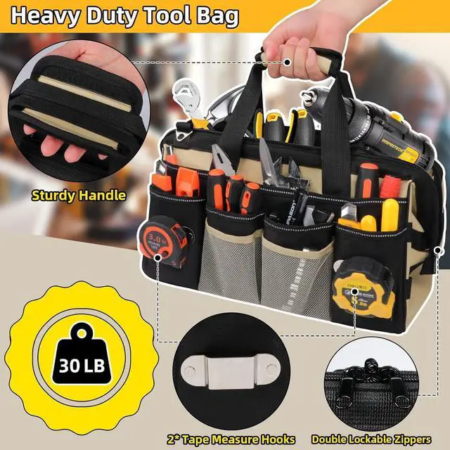 Alt view image 3 of 7 - 15 Inch Heavy Duty Tool Tote Bag with 24 Pockets, Wide Open Mouth Tool Box Organizer Case with Shoulder Strap, Portable Electrician Tool Kit Storage Carrying Pouch with Lockable Zipper (Khaki)