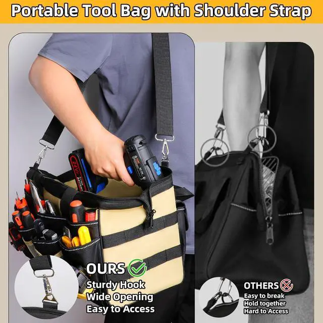 Alt view image 6 of 7 - 15 Inch Heavy Duty Tool Tote Bag with 24 Pockets, Wide Open Mouth Tool Box Organizer Case with Shoulder Strap, Portable Electrician Tool Kit Storage Carrying Pouch with Lockable Zipper (Khaki)