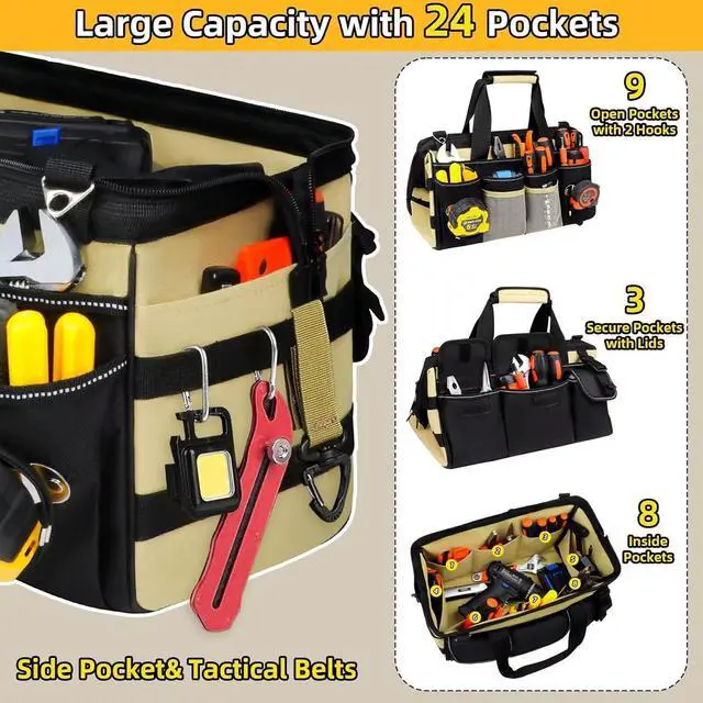 Alt view image 4 of 7 - 15 Inch Heavy Duty Tool Tote Bag with 24 Pockets, Wide Open Mouth Tool Box Organizer Case with Shoulder Strap, Portable Electrician Tool Kit Storage Carrying Pouch with Lockable Zipper (Khaki)