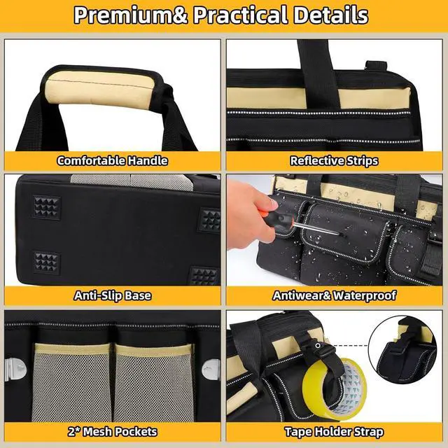 Alt view image 5 of 7 - 15 Inch Heavy Duty Tool Tote Bag with 24 Pockets, Wide Open Mouth Tool Box Organizer Case with Shoulder Strap, Portable Electrician Tool Kit Storage Carrying Pouch with Lockable Zipper (Khaki)